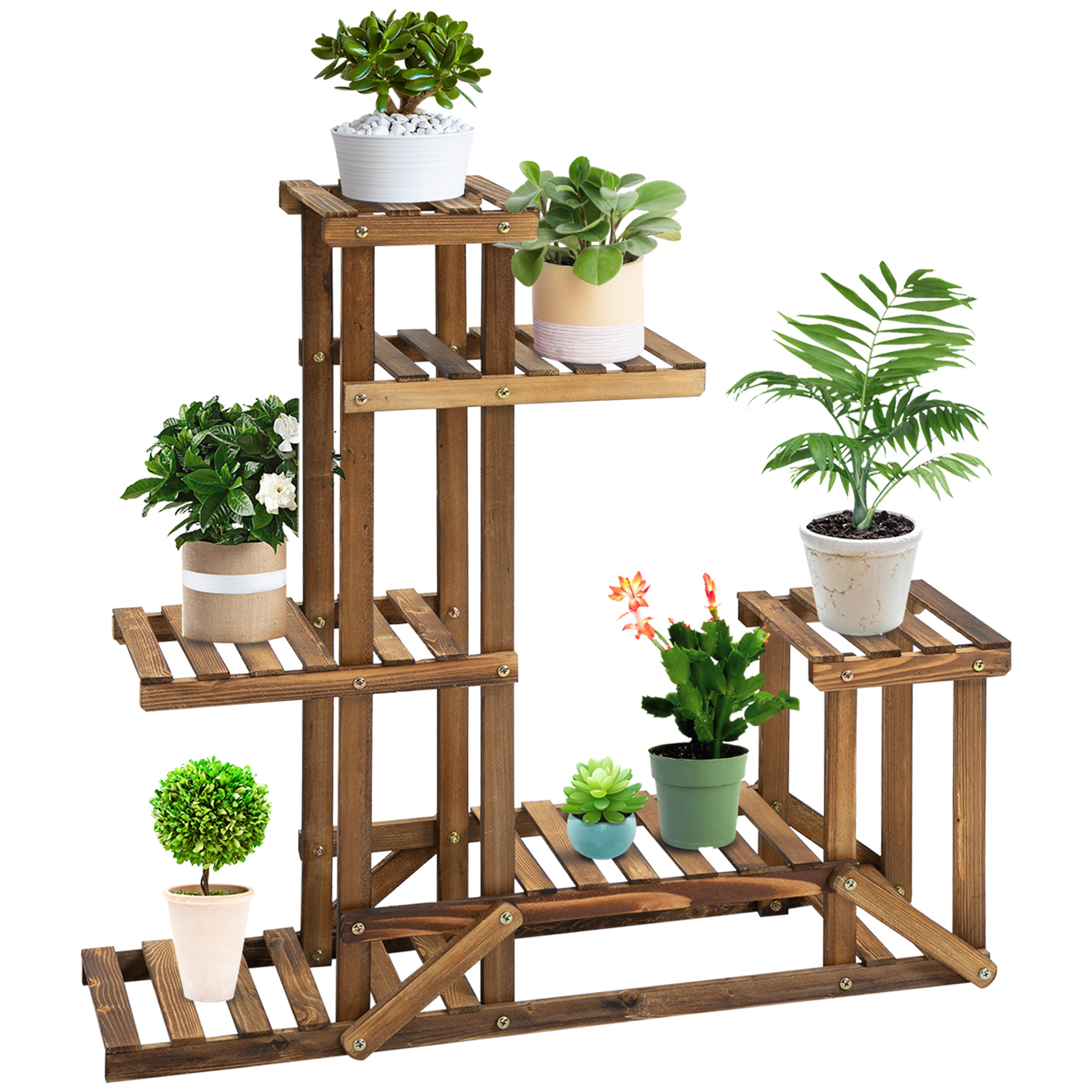 Suporte de madeira Outsunny para flores, prateleira decorativa para vasos de plantas com 6 prateleiras, para uso interno e externo em jardins, varandas e terraços, 95x28x96,5 cm, acabamento carbonizado.
