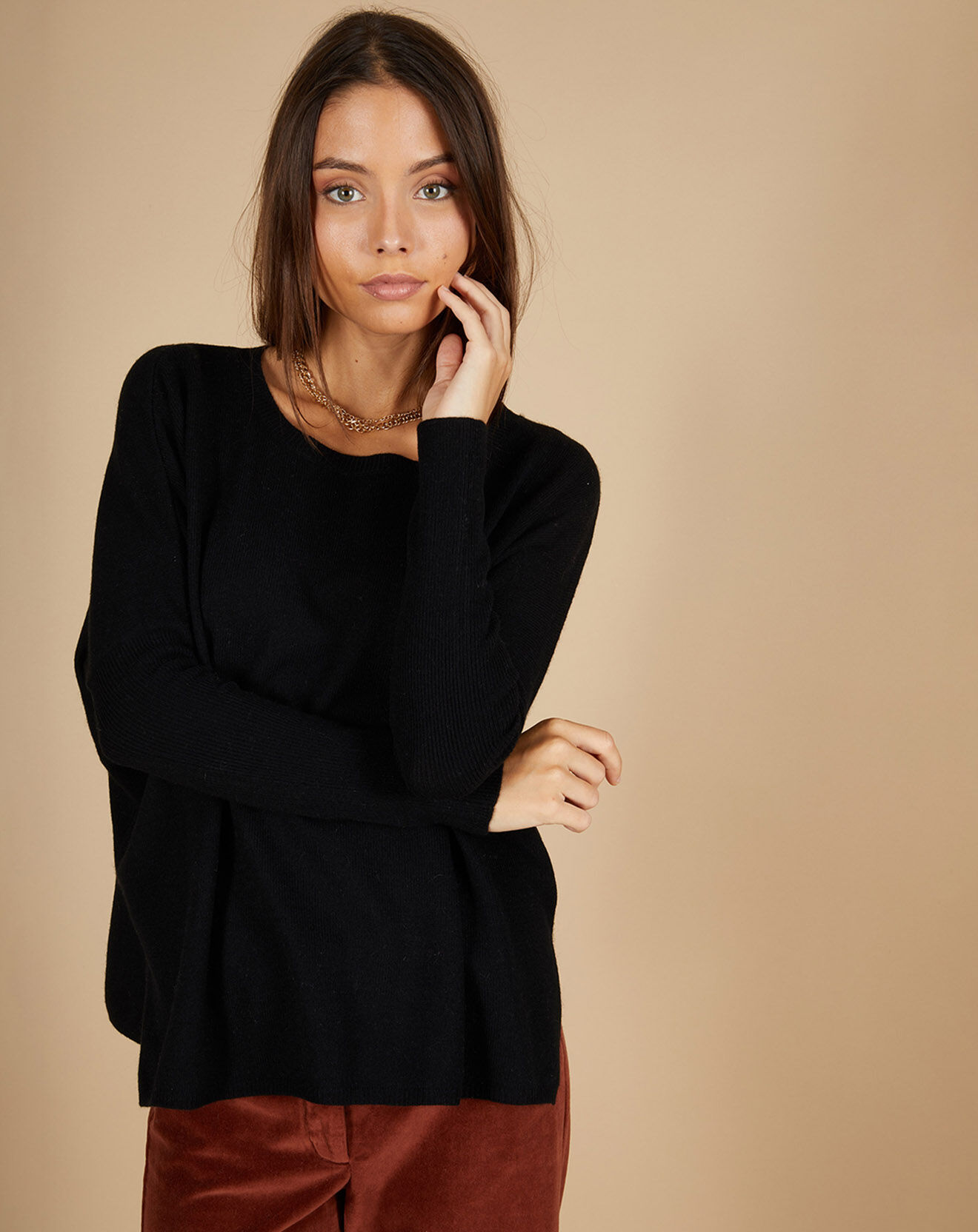 Cashmere Tribu Pull poncho 100% Cachemire Alizée col rond noir