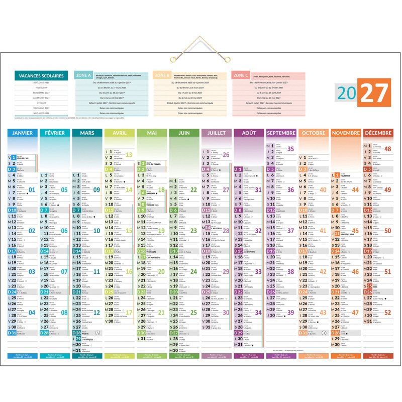 Calendrier annuel mural 2027 - 12 mois recto 4 saisons / carte Europe verso - 43 x 55 cm