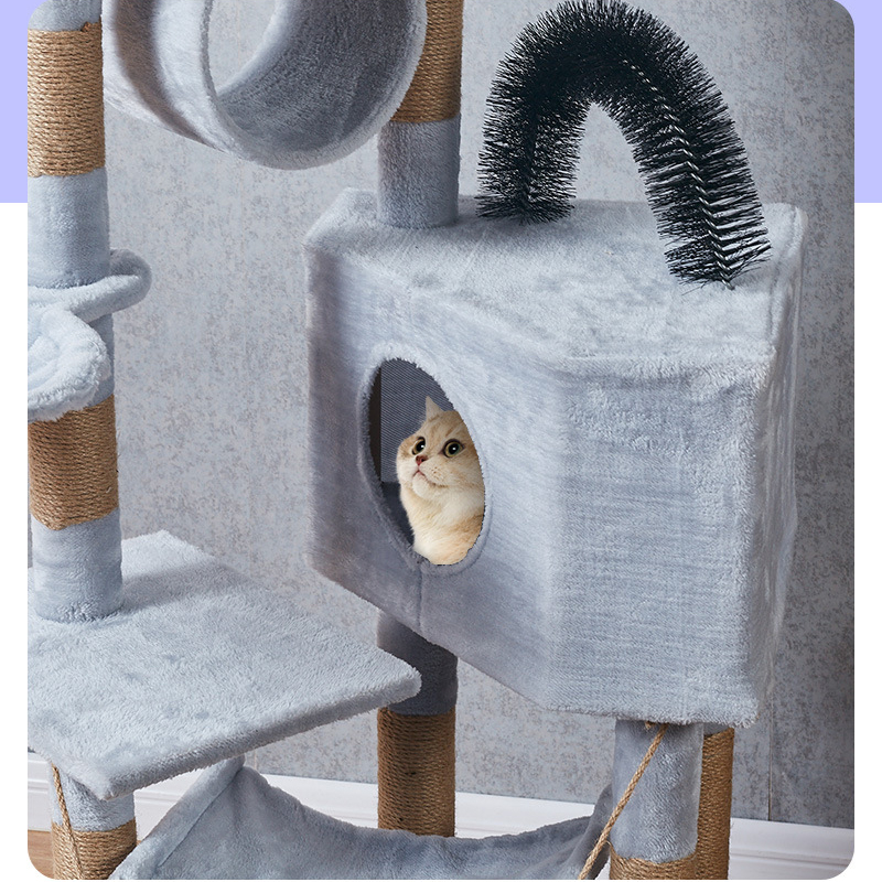 (150cm) Katzen Baum Sisal Kratzsäulen mit Häuschen / Hängematte / Tunnel / Aussichts Plattform - Grau