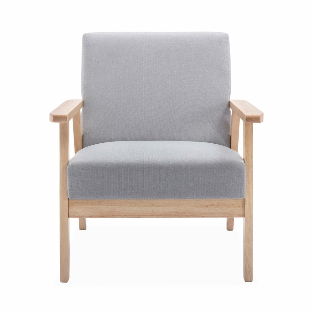 Banquette et fauteuil en bois et tissu gris clair. Isak. L 114 x l 69.5 x h 73cm