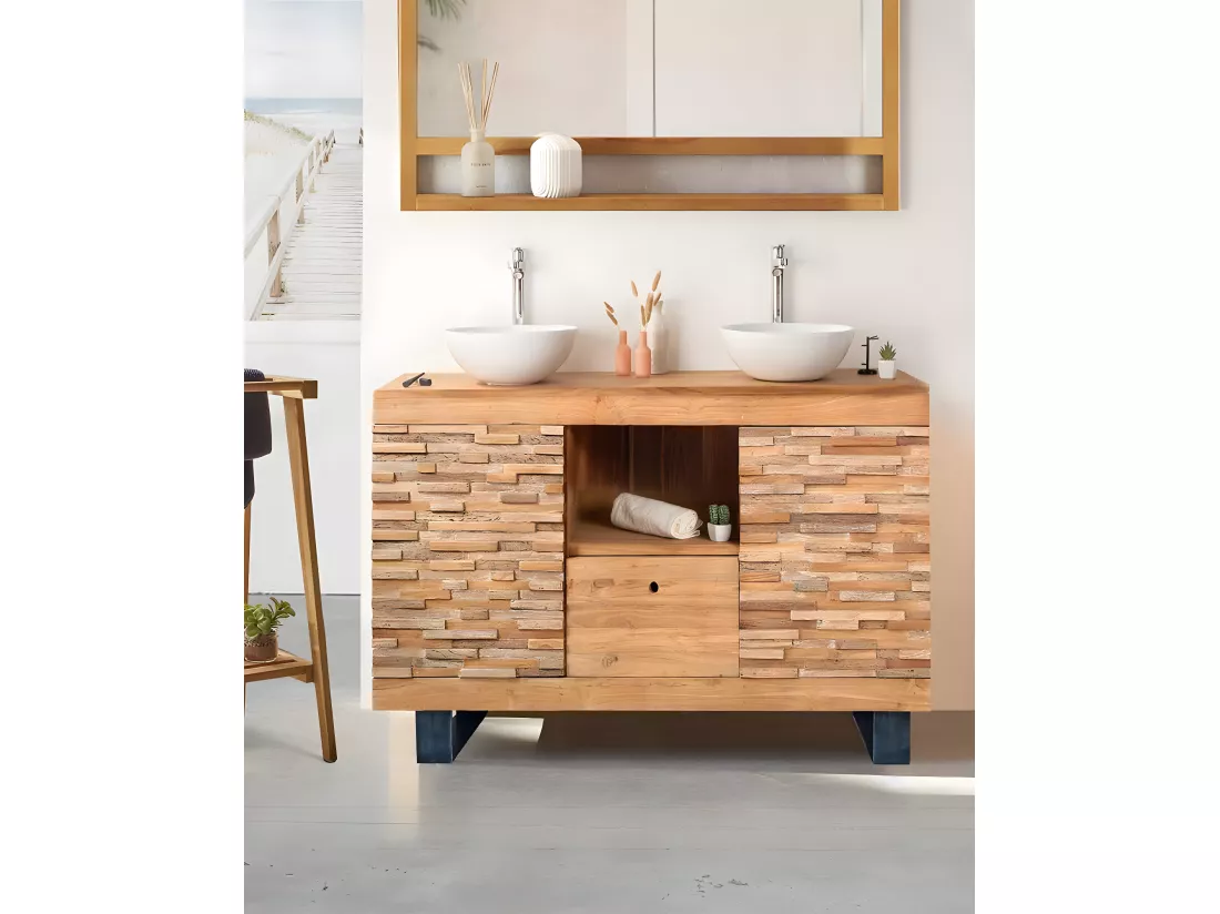 Néo - Meuble salle de bain en teck parqueté 140 cm