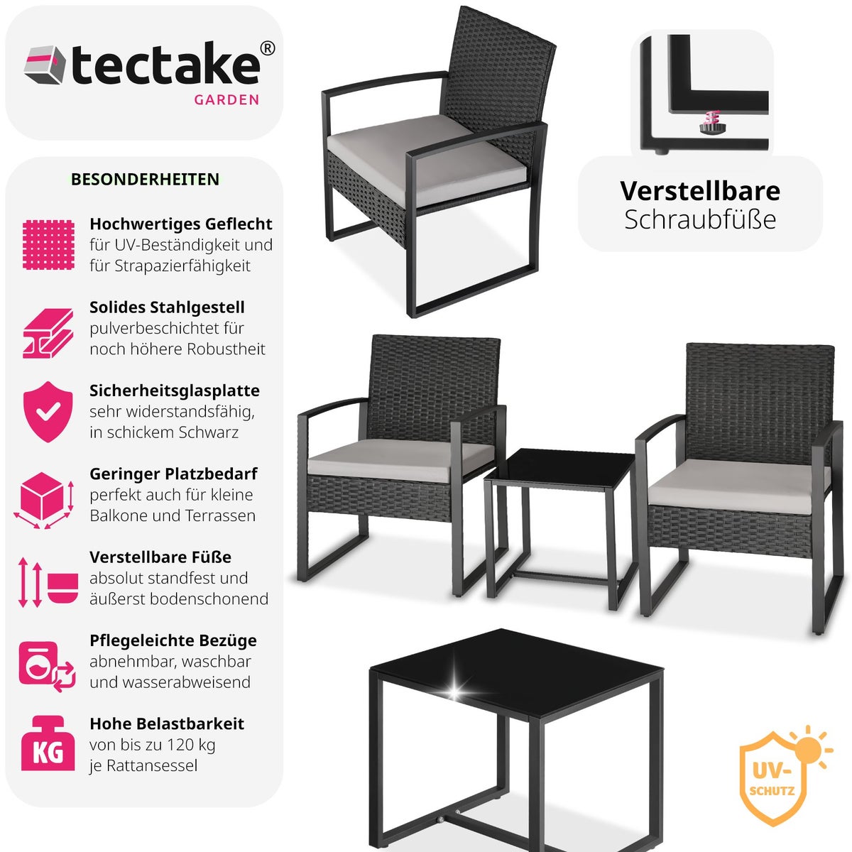 tectake Granada rotan zitgroep voor 2 personen, in hoogte verstelbare kunststof voeten