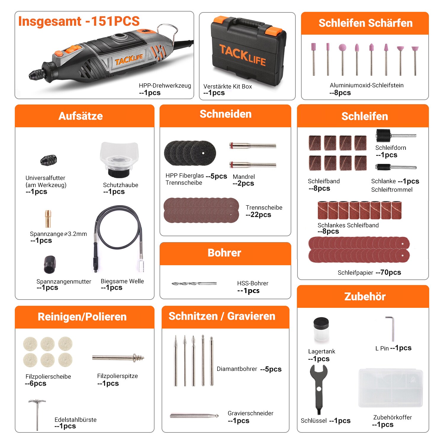 TACKLIFE RTSL50AC, Rotierendes Werkzeug mit Universalfutter, Multifunktionswerkzeug 135W Kit mit 150 Zubehörteilen mit 6 Geschwindigkeitsstufen Einstellungen(35000rpmMax) Ideal zum Schneiden / Skulpturieren / Polieren/DIY.