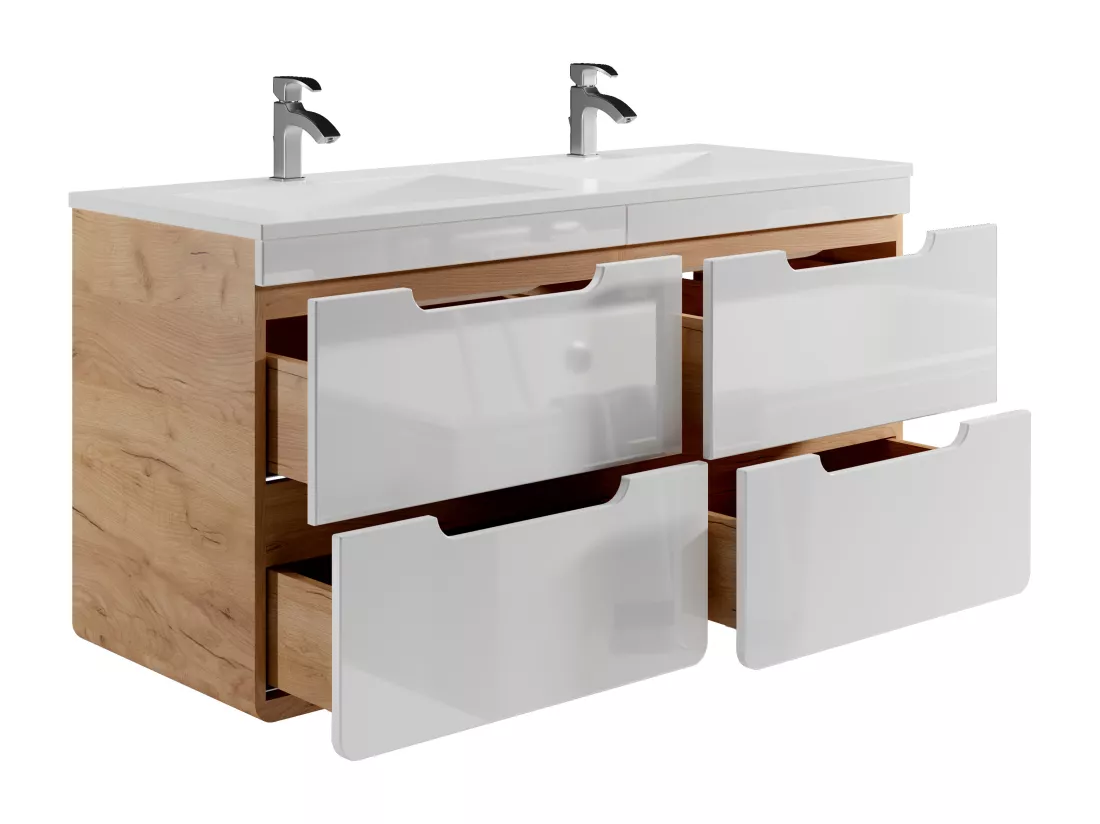 Meuble de salle de bain suspendu avec vasque à encastrer et deux colonnes - 120 cm - Coloris naturel et blanc - ARUBA