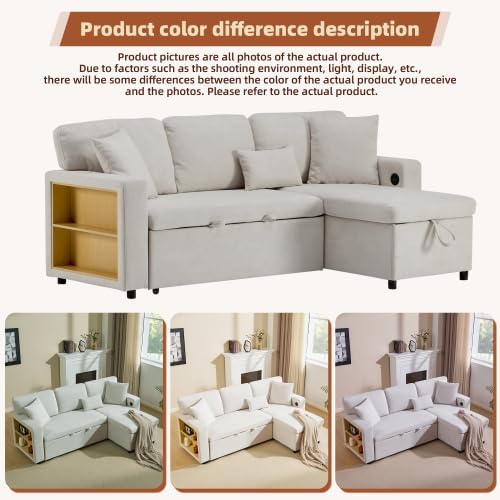 L-Form Schlafcouch Ecksofa Ausziehbar | Bettkasten + Regal + USB-Anschluss, 4 Sitzplätze, Stauraum, platzsparend für kleine Wohnungen & Jugendzimmer, Beige