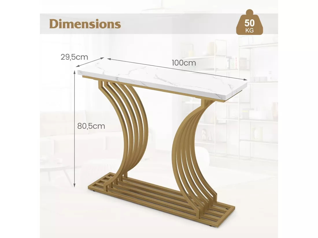 Table Console en Faux Marbre 100 cm, Console Entree Design Géométrique Moderne, Cadre en Métal Doré, Kit Anti-Basculement Inclus, 100 x 29,5 x 80,5 cm