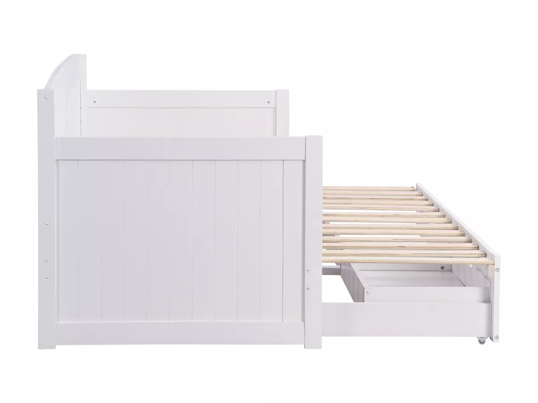 Lit gigogne banquette 90 x 190 ou 180 x 190 cm - Avec sommier peigne et tiroirs - Pin et MDF - Blanc - DINIVA