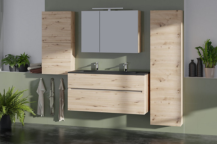 Meuble sous-vasque à suspendre Calao aspect chêne artisan 120 cm + plan vasque en résine noir