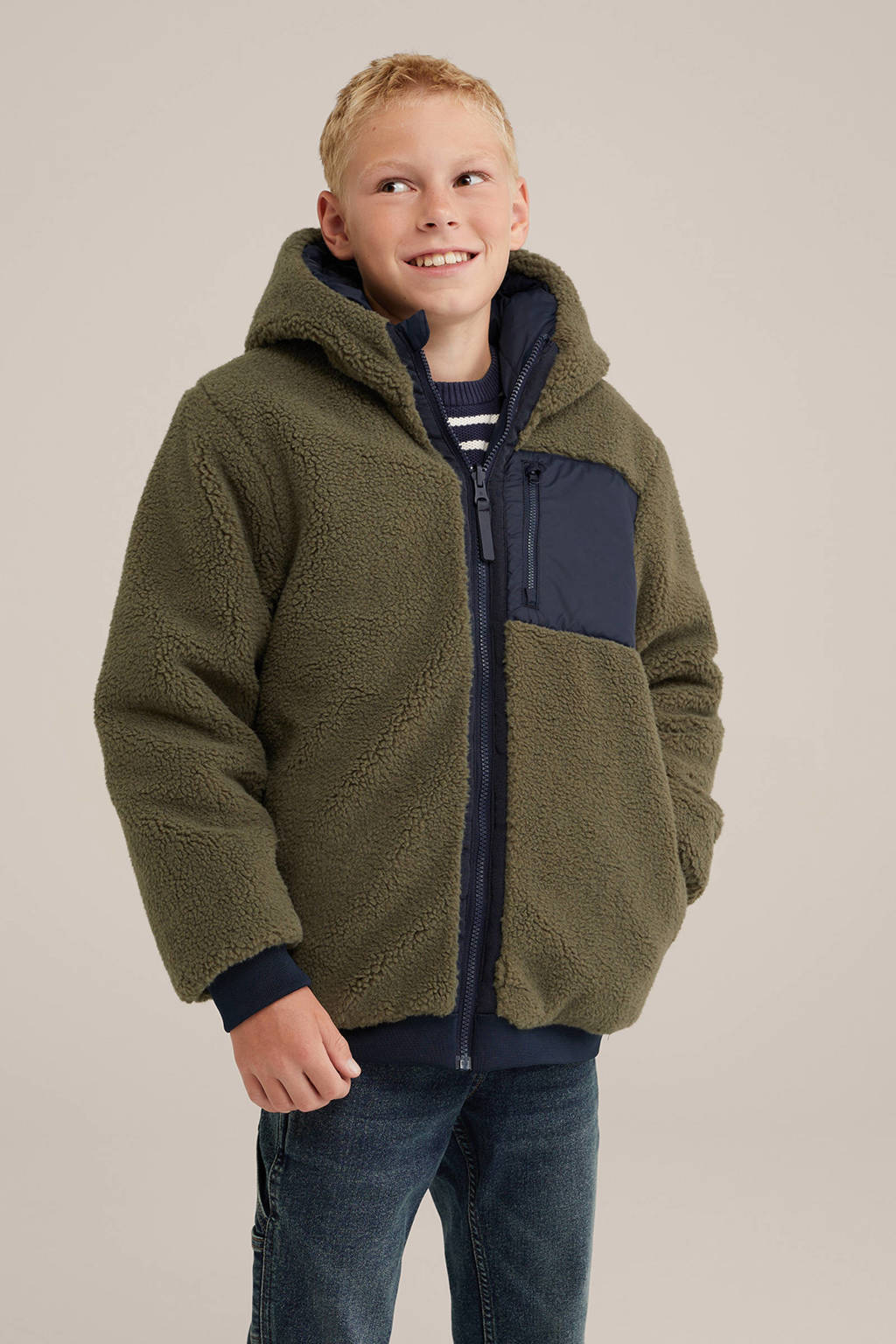 WE Fashion gewatteerde winterjas donkerblauw/olijfgroen