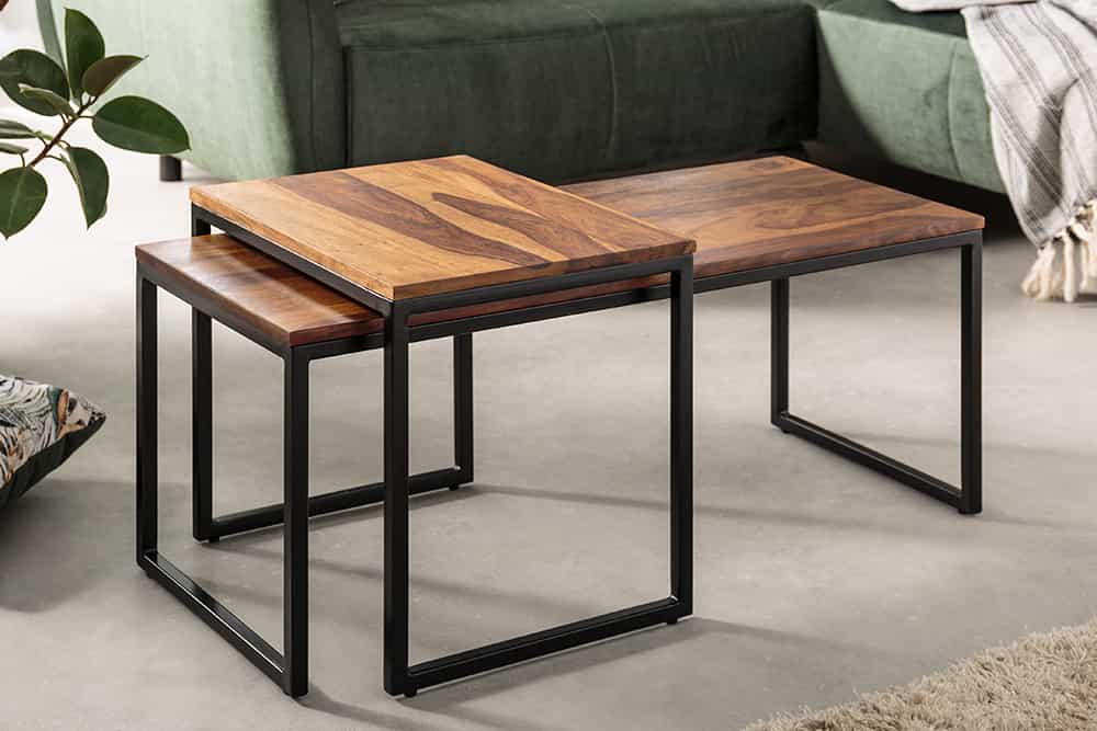 2er Set Design Couchtisch ELEMENTS 100cm Sheesham Massivholz stone finish Metallgestell