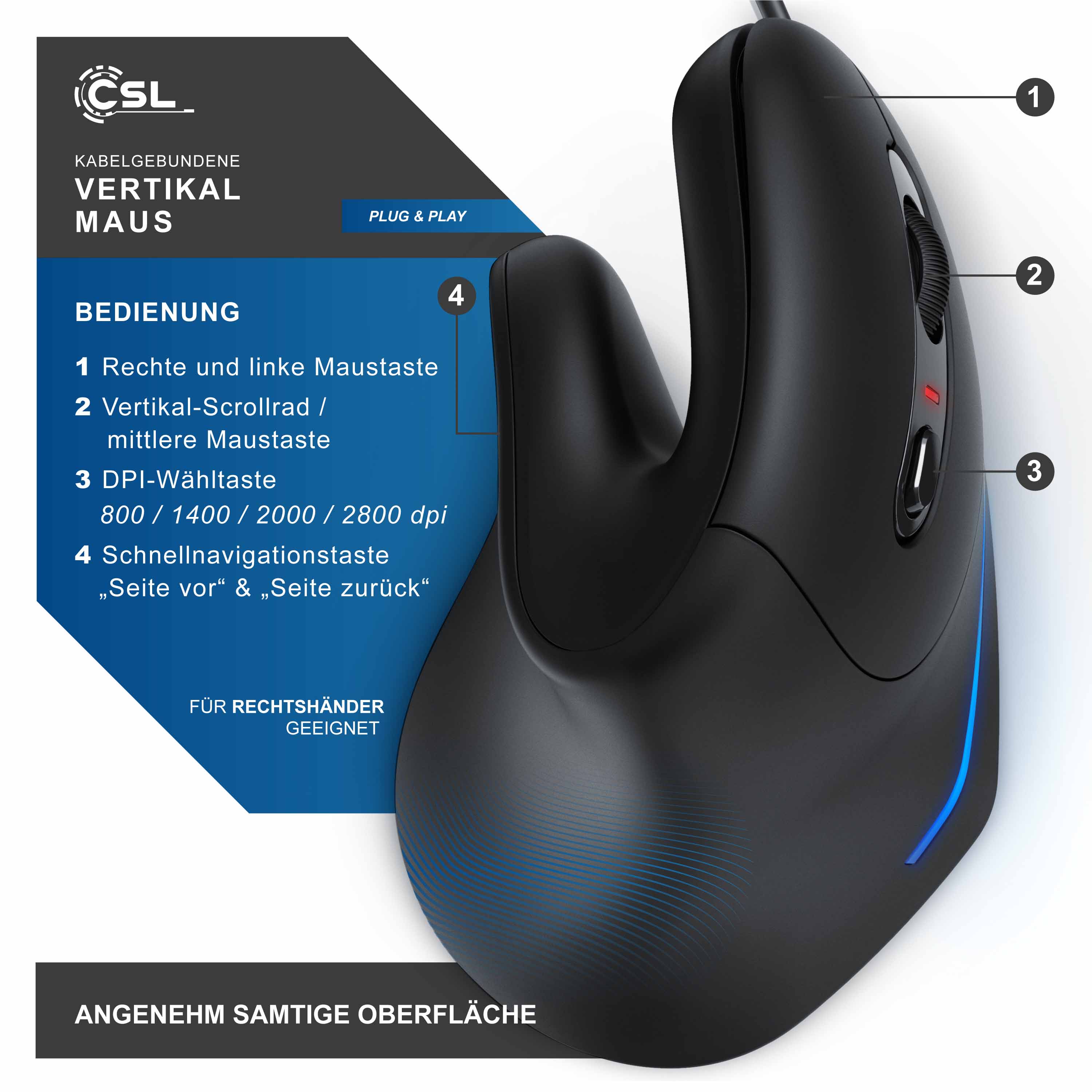 CSL ergonomische Maus, kabelgebunden, 125 dpi, optische Vertikal Mouse - Vertikalmaus - ergonomisch