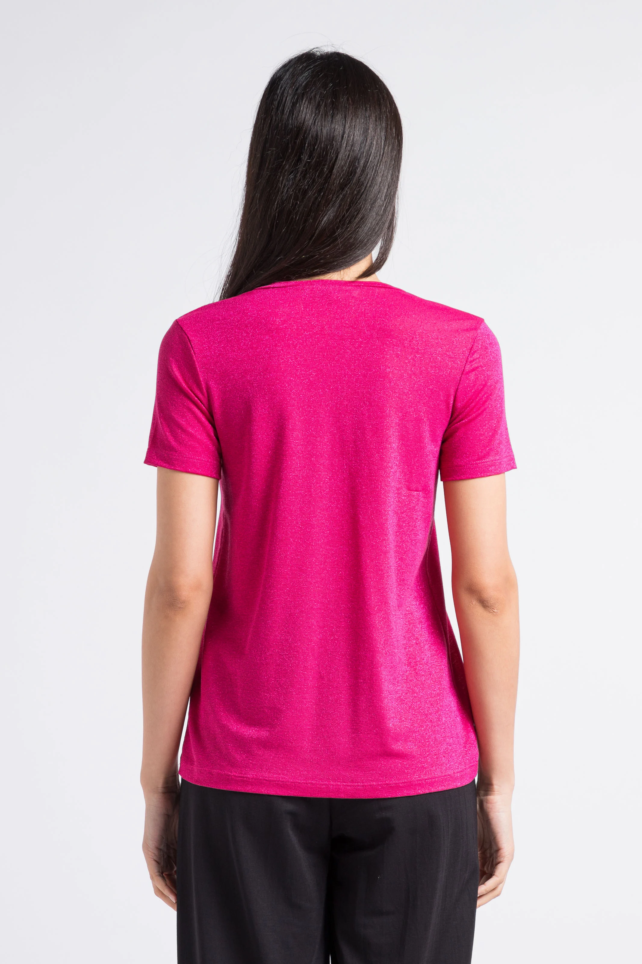 T-shirt col V en fibres métallisées | Rose