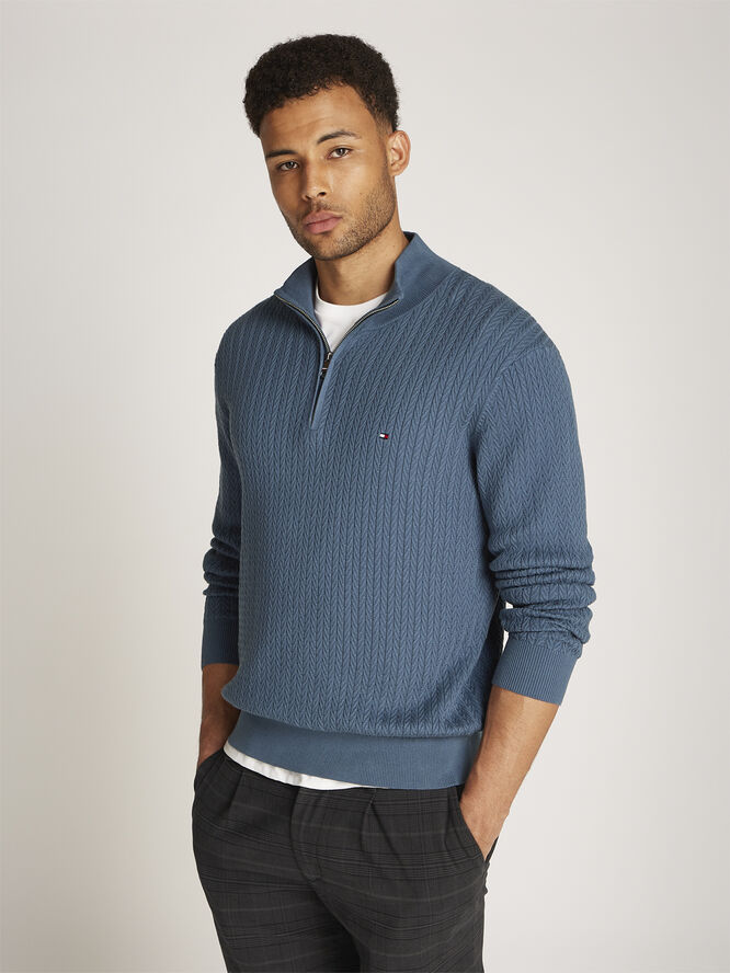 Tommy Hilfiger HERRINGBONE STRUCTURE ZIP MOCK Aegean sea
