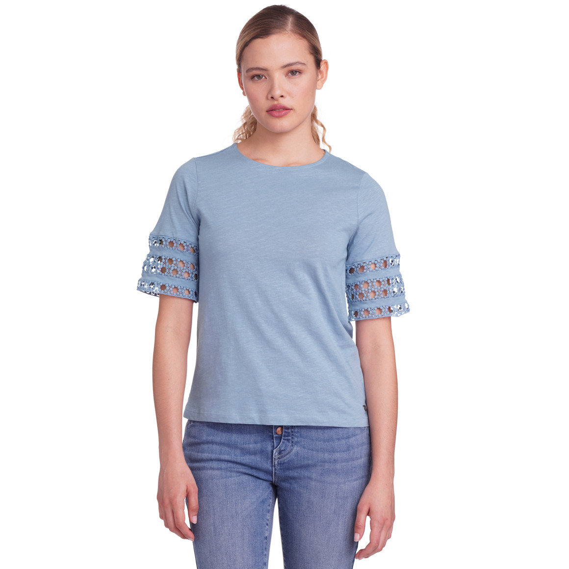 Gina Damen T-Shirt mit Häkelspitze hellblau