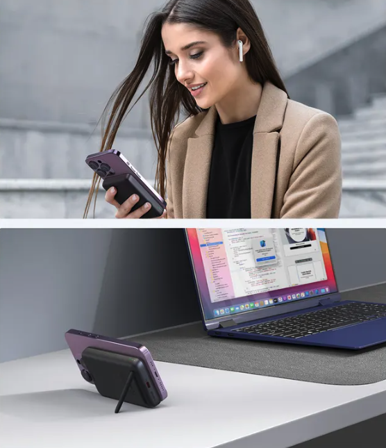 (15W) MagFusion 10000mAh Qi2 Wireless Powerbank Pad USB C Ladegerät mit LED Anzeige   Kickstand (PB-MS06 GR) - Grau