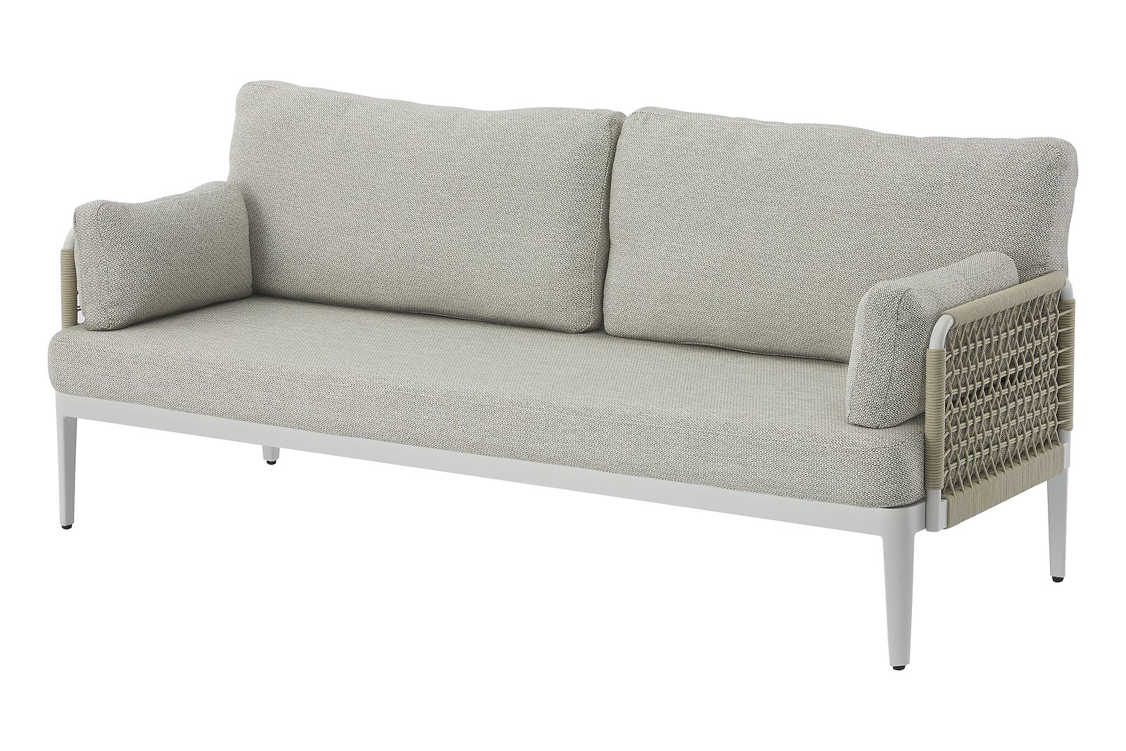 Sailon utesofa Hagesofa, 3-seter i hvitlakkert aluminium med sider av naturfarget tau. Beige puter.