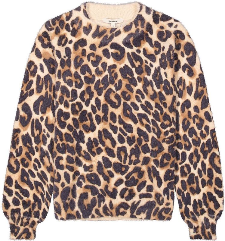 GARCIA - Gebreide Trui - Bruin - Luipaardprint - Regular Fit - 72% Polyamide