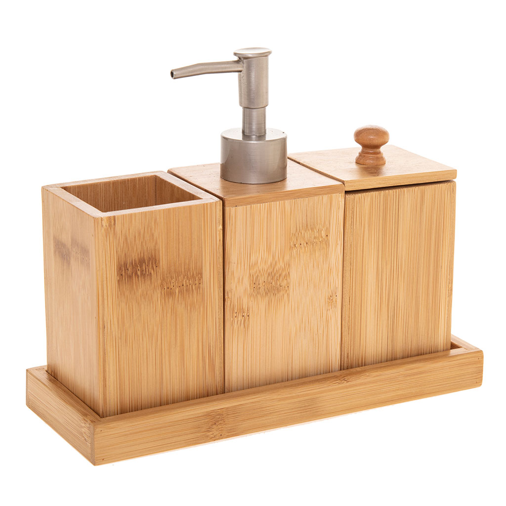 Lot de 3 accessoires salle de bain bambou et plateau