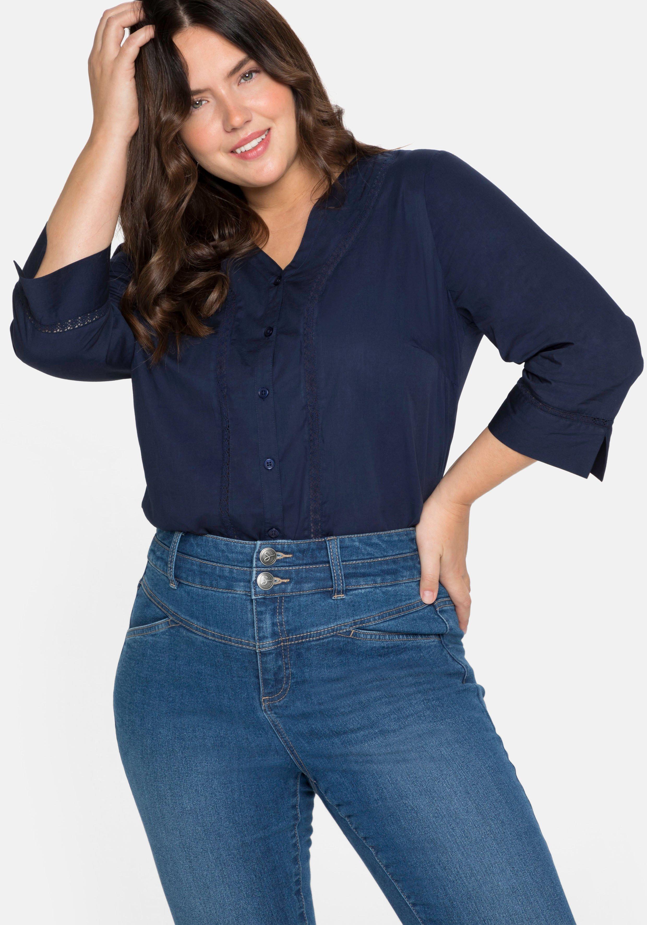 Bluse mit 3/4-Arm, V-Ausschnitt und Spitze