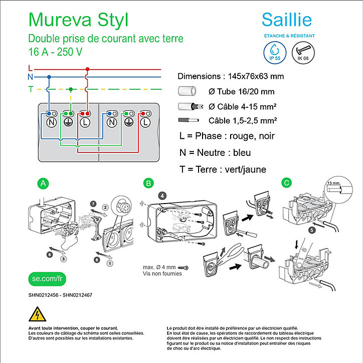 Prise double avec terre horizontale étanche complète saillie Schneider Electric Mureva Styl anthracite