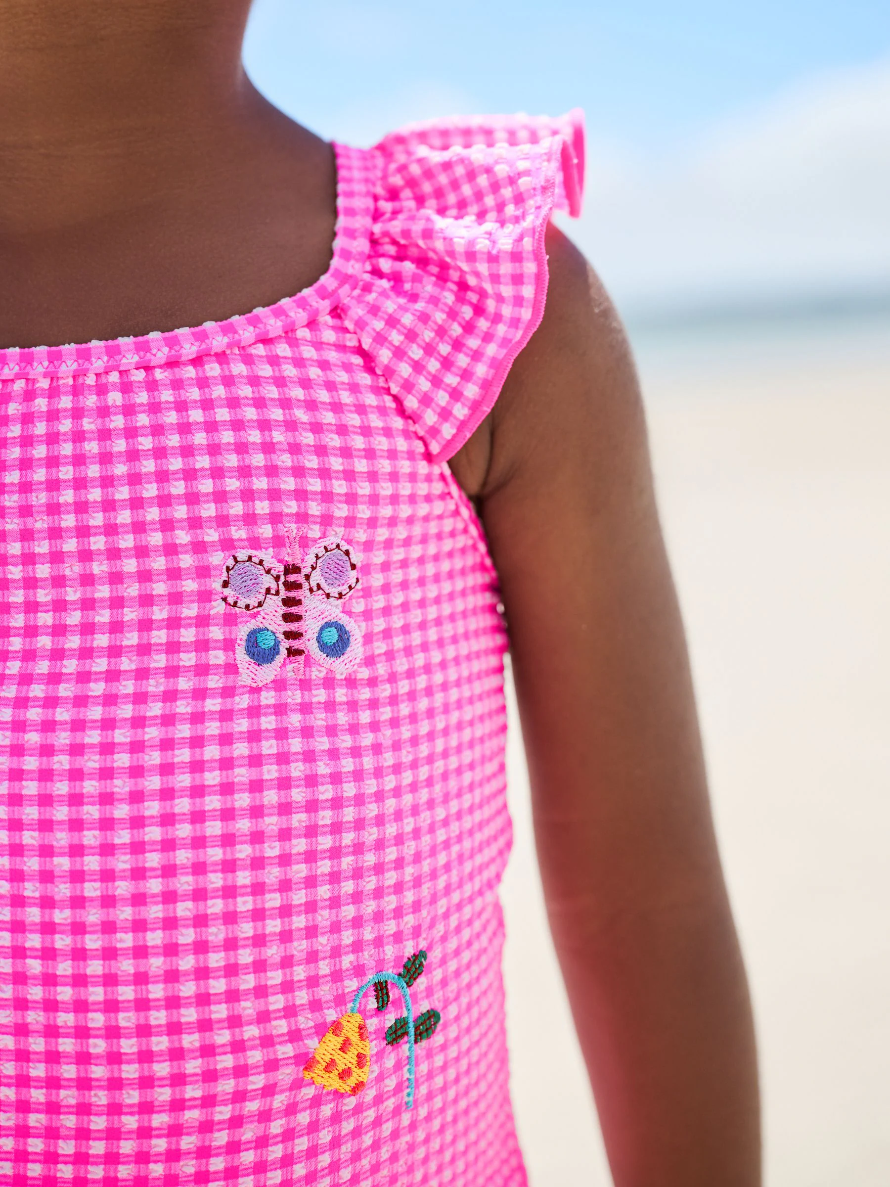 Roze gingham - Badpak met rucheschouders (3 mnd - 7 jr)