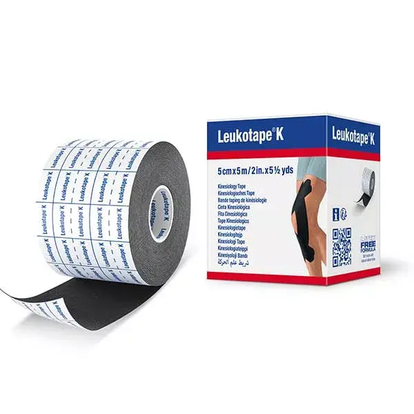 Fita adesiva elástica Leukotape K, 5 cm x 5 m, preta, 1 unidade.