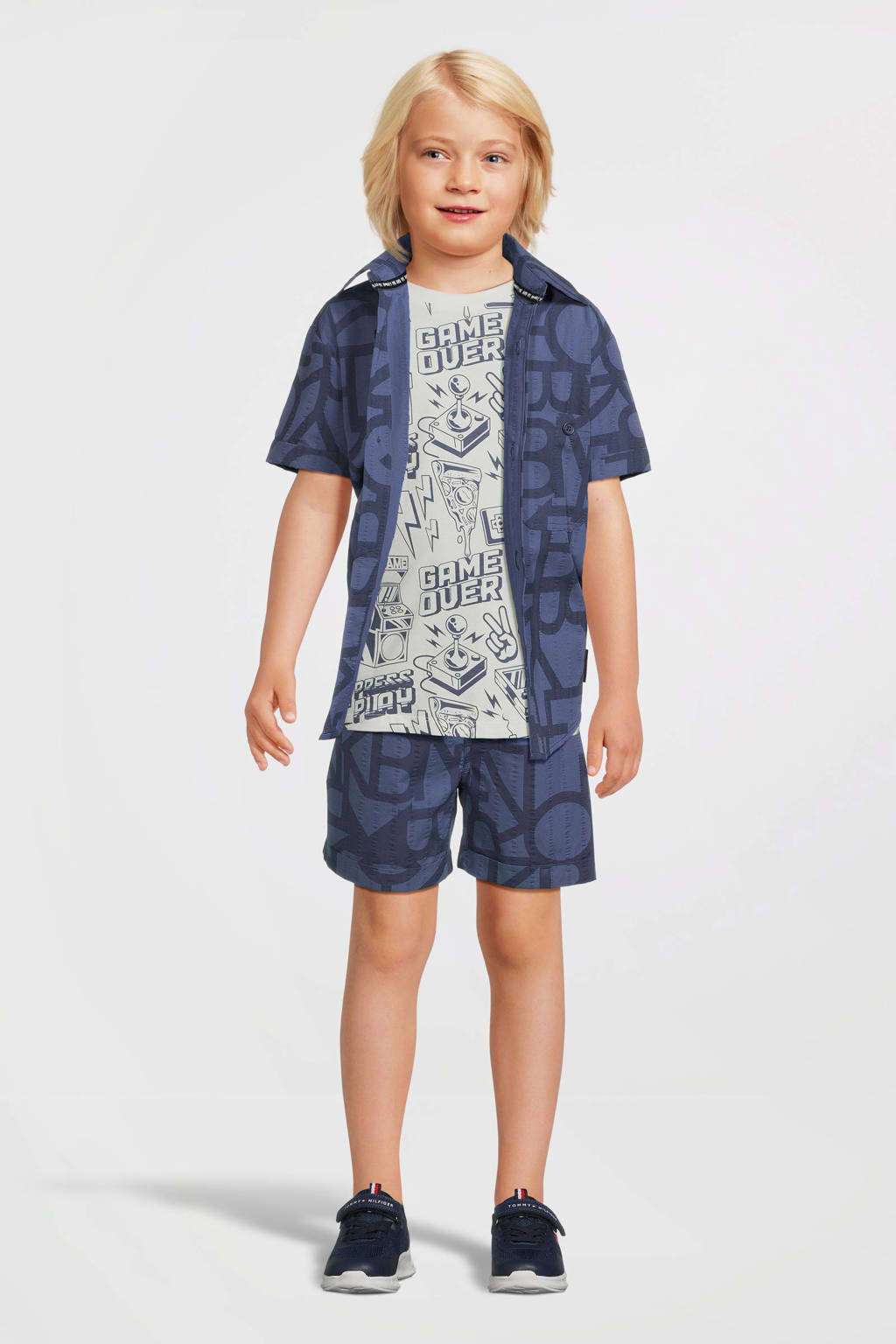 Me & My Monkey overhemd Patrice metall over print blauw