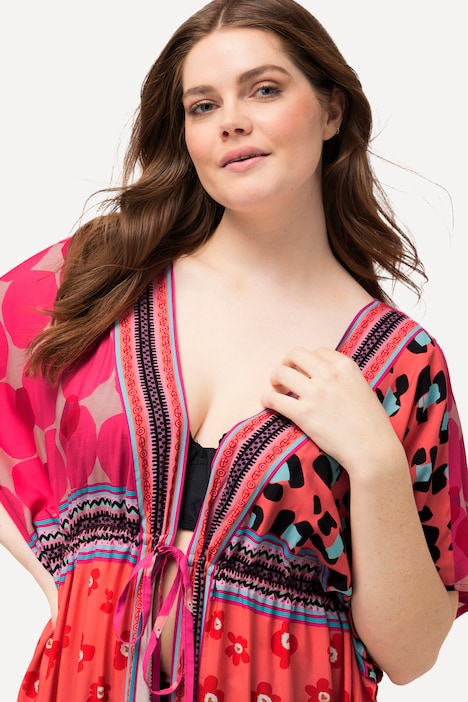 Kaftan, Flamingos, Bindeband, V-Ausschnitt, Halbarm
