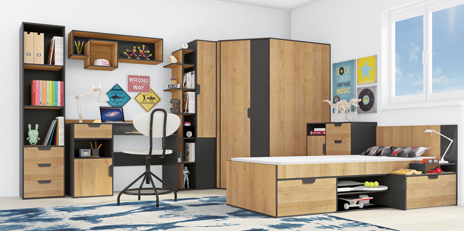 Eckkleiderschrank Nano Riviera Eiche Nachbildung/Grau 145 x 195 x 95 cm