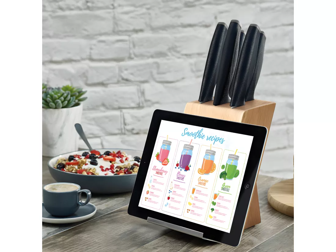 Advantage - Bloc bois naturel 5 pièces lames inox avec porte tablette