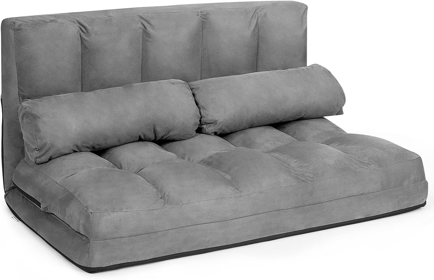 GOPLUS 2 Sitzer Bodensofa mit 2 Kissen, 3 in 1 Sofabett Liege Sofa mit 6 stufig Verstellbarer Rückenlehne, Klappsofa mit Schlaffunktion für Wohnzimmer Schlafzimmer (Grau)