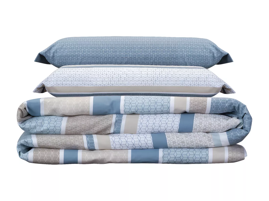 Jeu de housse de couette 50% coton imprimé rayures Bleu