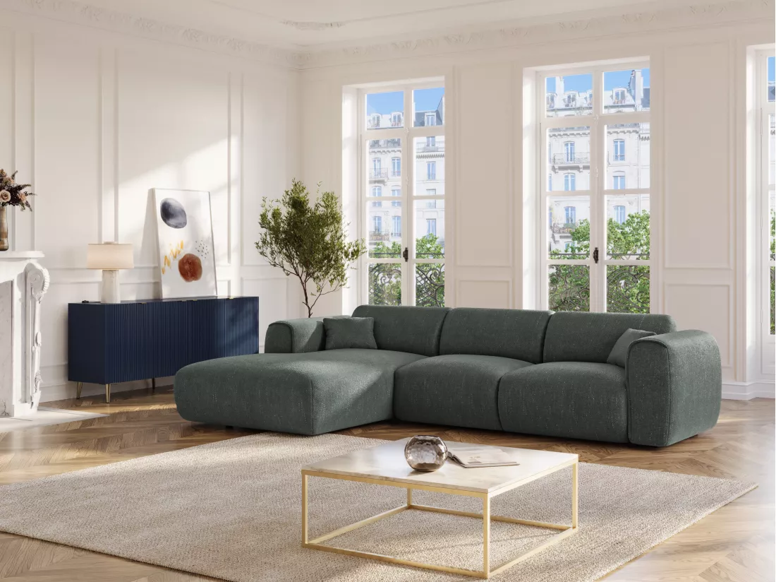Grand canapé d'angle gauche en tissu texturé vert de gris POGNIA