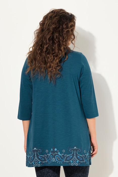 Longshirt, Bordürendruck, A-Linie, V-Ausschnitt, 3/4-Arm