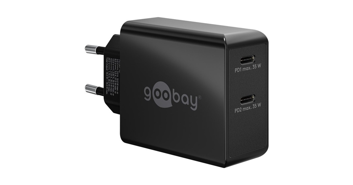 goobayUSB-C PD Dual snellader (36 W)  (Zwart, 2x USB-C, Power Delivery)