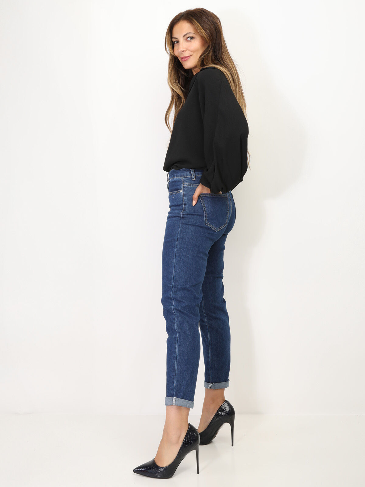 Jeans mom brut légèrement délavé- Bleu foncé