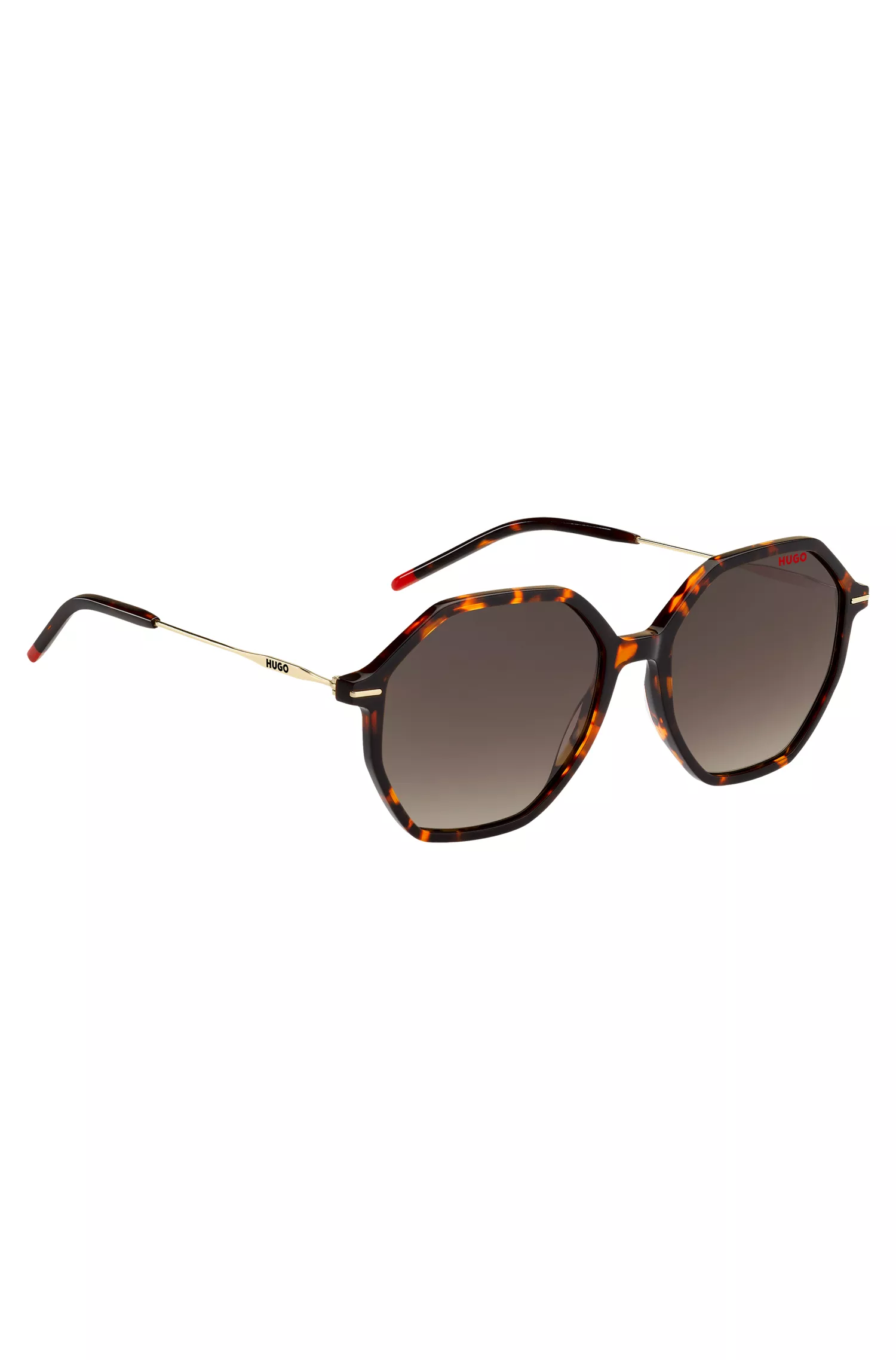 Óculos de sol HUGO em acetato vermelho Havana com hastes douradas.