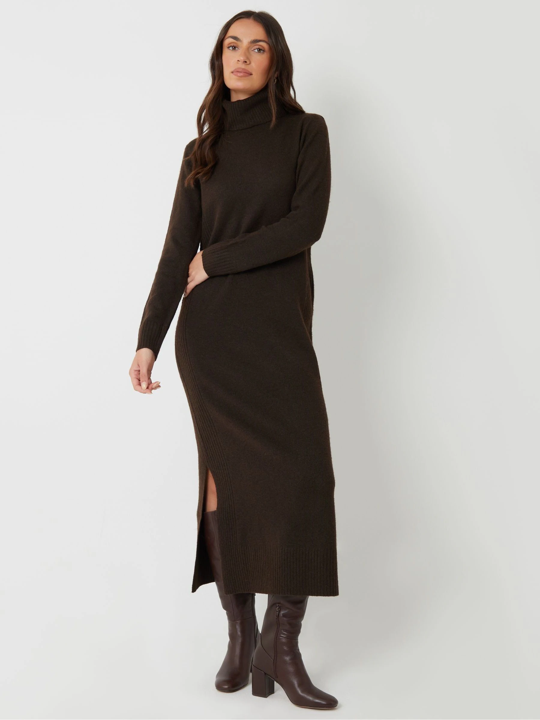 Bruin - Threadbare - Gebreide maxi-jurk met rolkraag