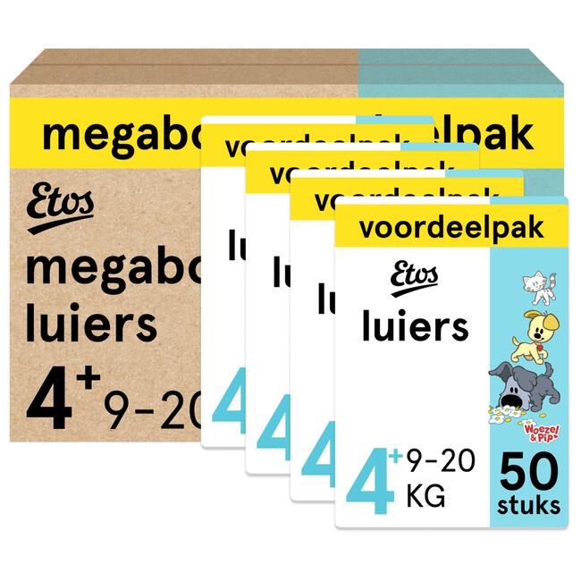 Etos Woezel & Pip Luiers Maxi+ Maat 4 9-20 kg Megabox 4x50 stuks