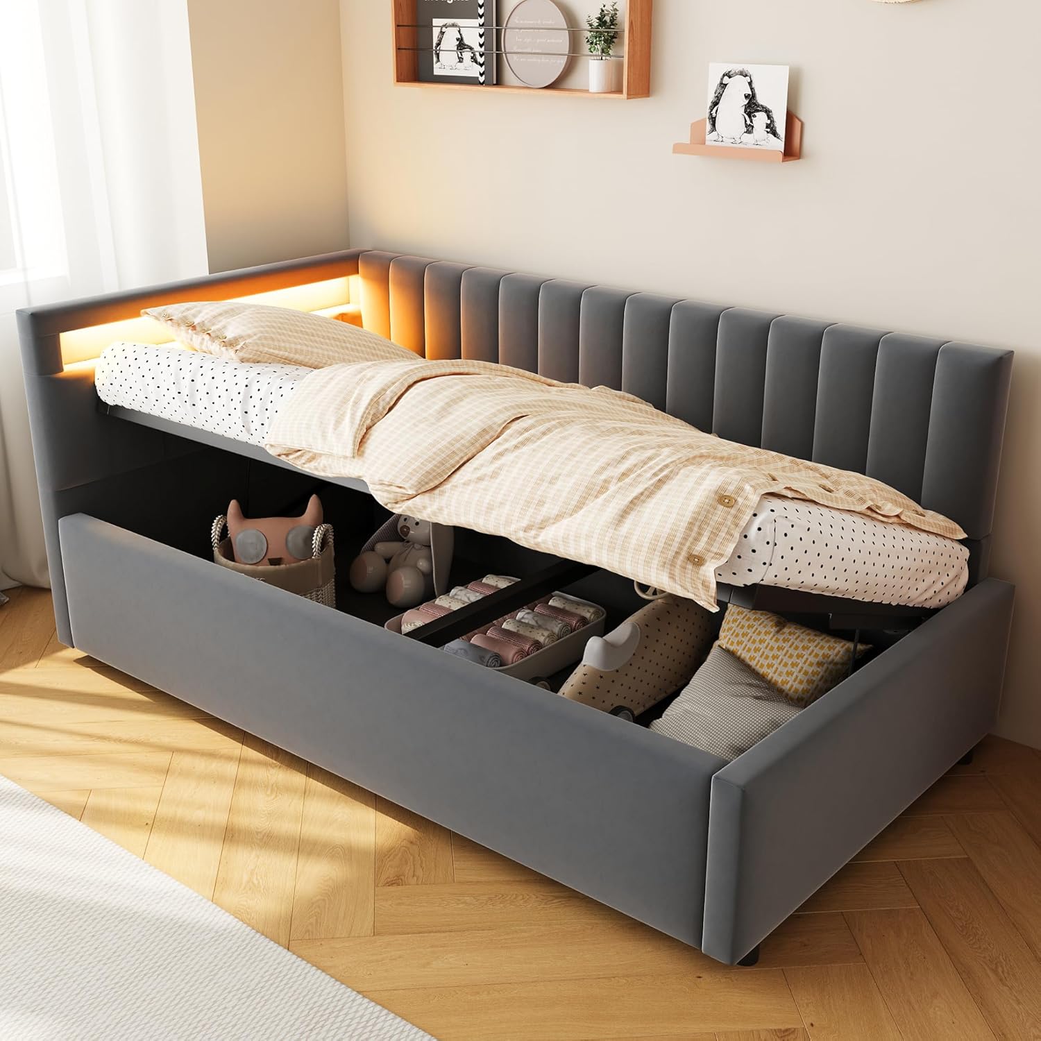 ANIROY Kinderbett Polsterbett 90 x 200 cm, Schlafsofa Einzelbett mit LED und Hydraulischem Stauraum, Daybett Tagesbett Sofabett mit Abnehmbarer Rückenlehne und Lattenrost, ohne Matratze (Dunkelgrau)