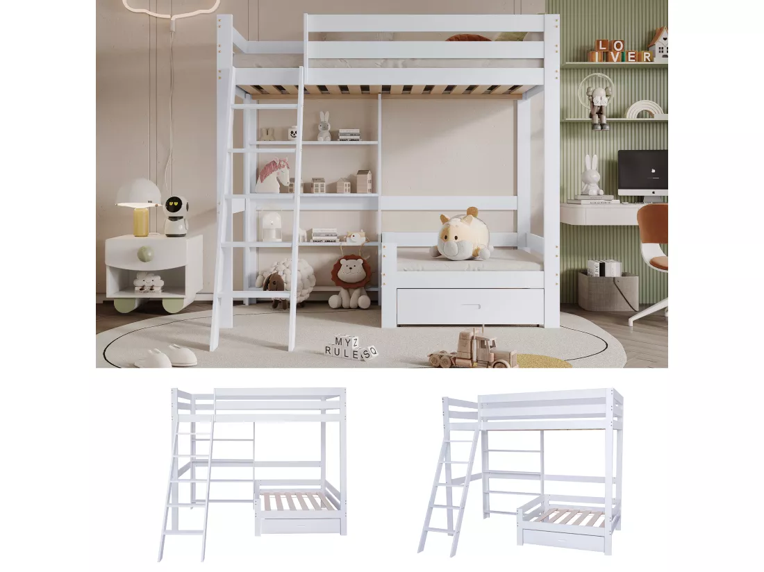 Lit mezzanine 90 x 200 cm avec étagères de rangement et canapé - bois massif + MDF - blanc