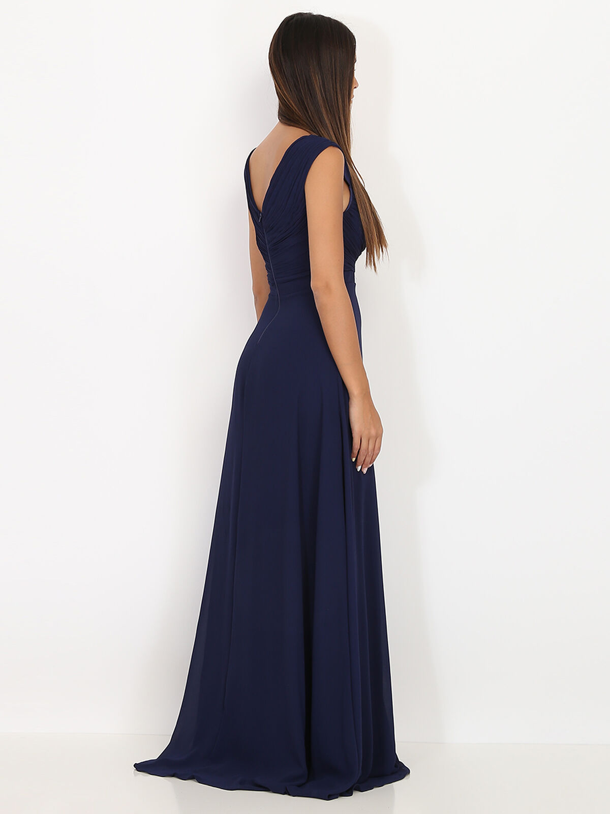 Robe longue drapée avec fente- Bleu marine