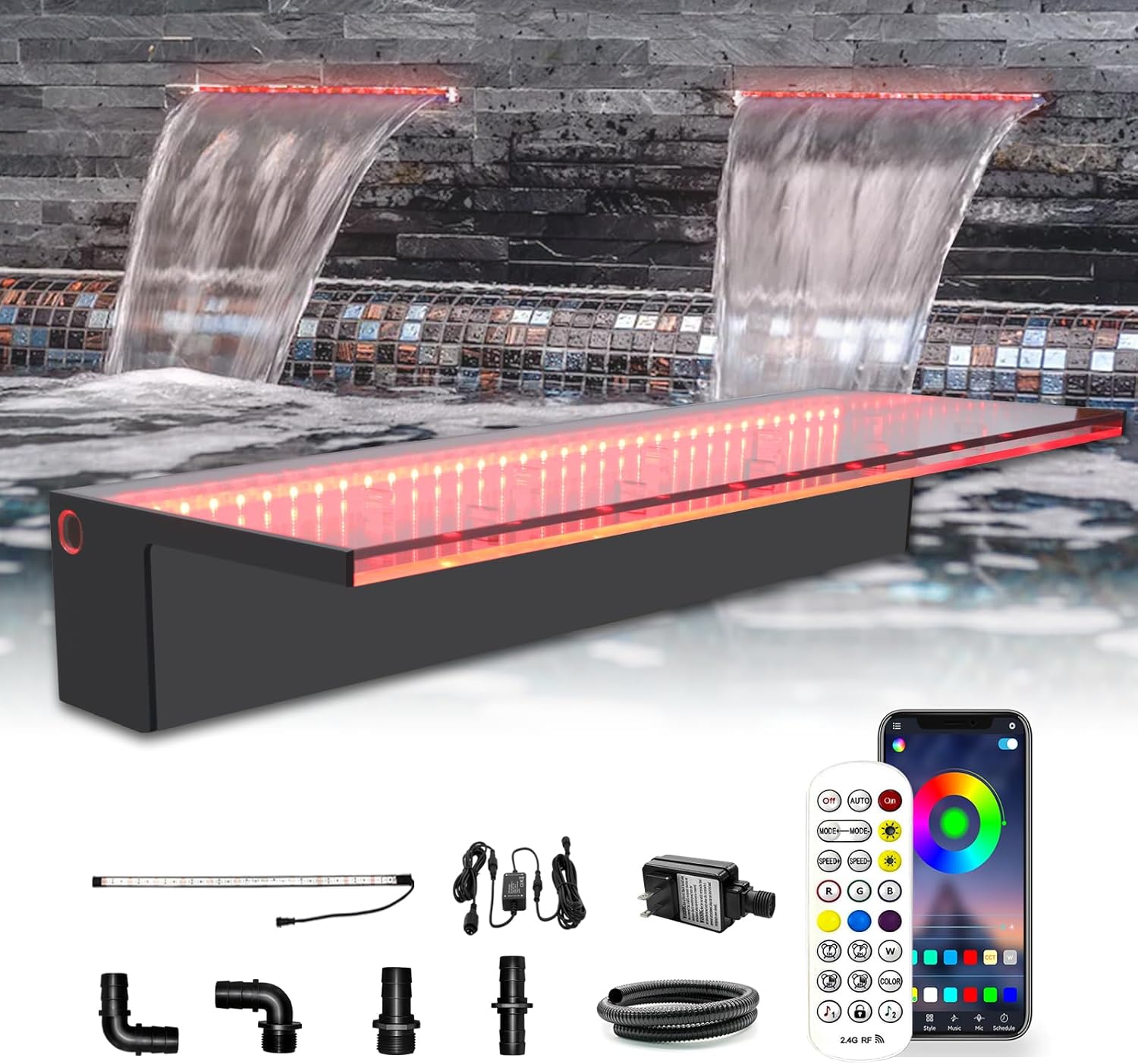 LONGRUN Wasserfall Überlauf APP Kontrolle Mehrfarbig LED-Licht Draussen Pool Brunnen, Acryl Wasser Überlauf Koi Teich Wasserfälle Brunnen Kit für Garten Terrasse Schwimmbad Dekoration -60 cm