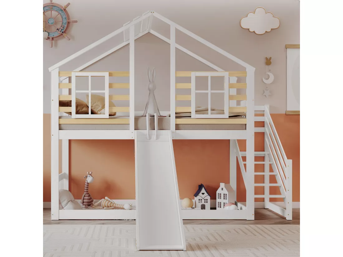 Lits Superposés En Bois - 90 X 200 cm - Avec Escalier - Toboggan Et Fenêtre - Protection Antichute - Blanc