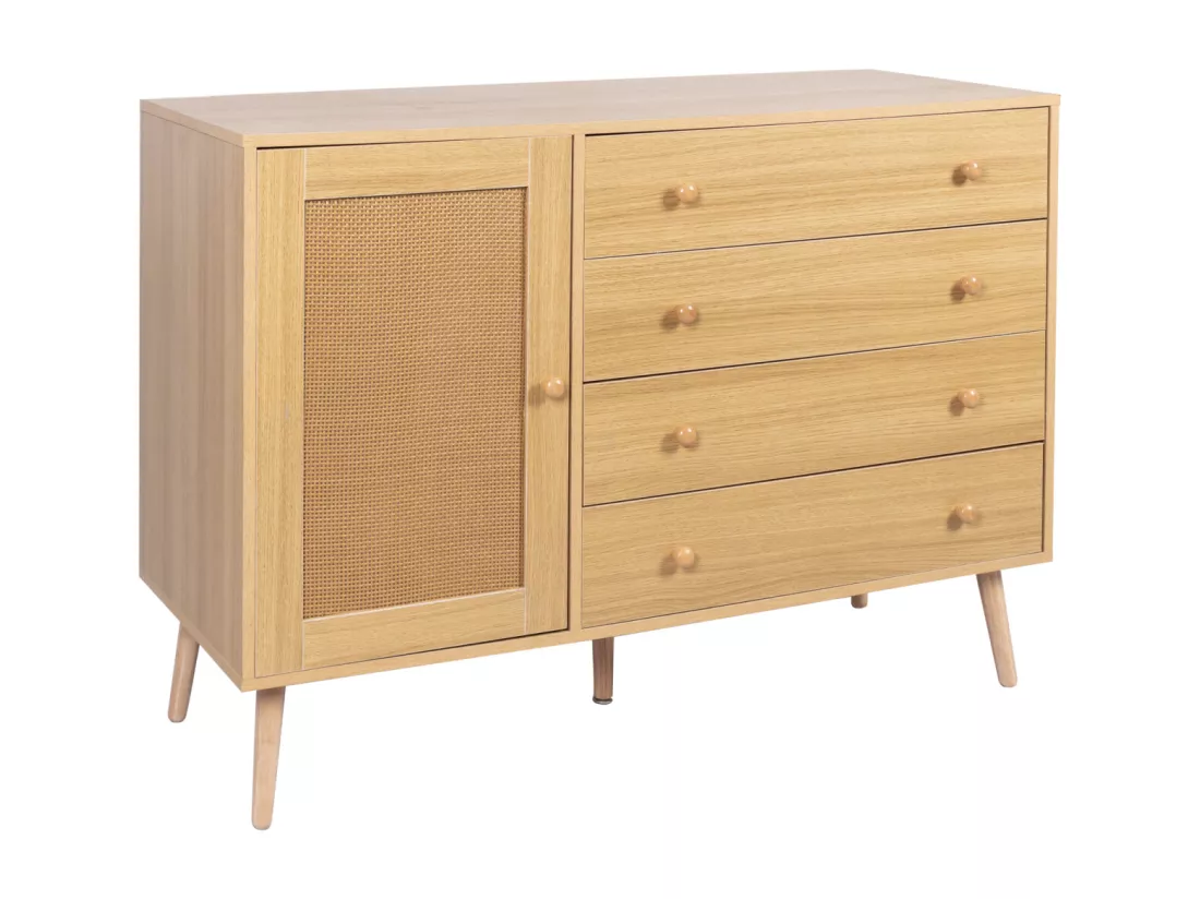 Buffet 120x40x836cm - Armoire avec 4 tiroirs et 1 porte en rotin - en bois MDF+PB - coloris bois