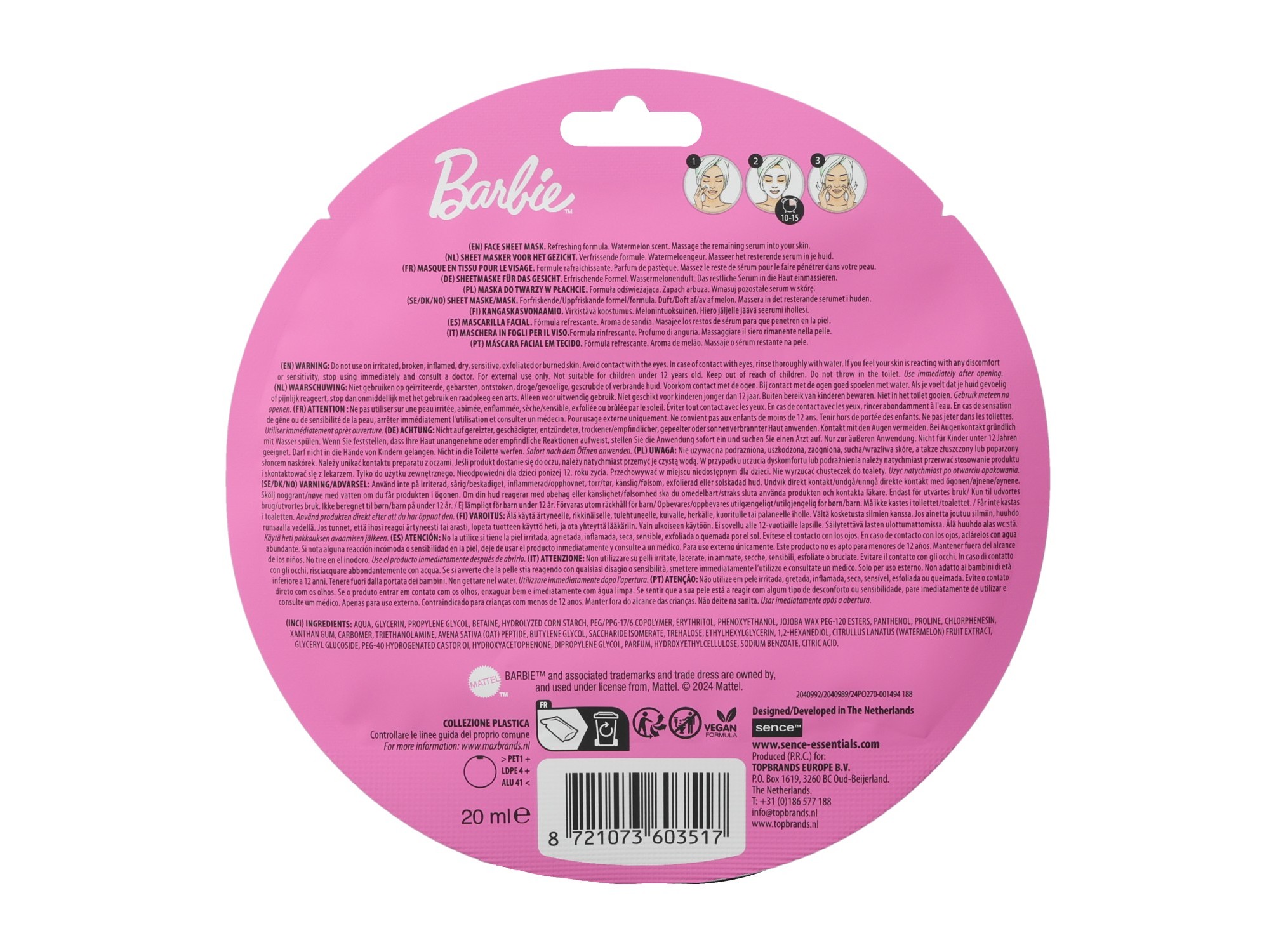MÁSCARA FACIAL BARBIE COLD WEATHER ROSA CLARO 1UN