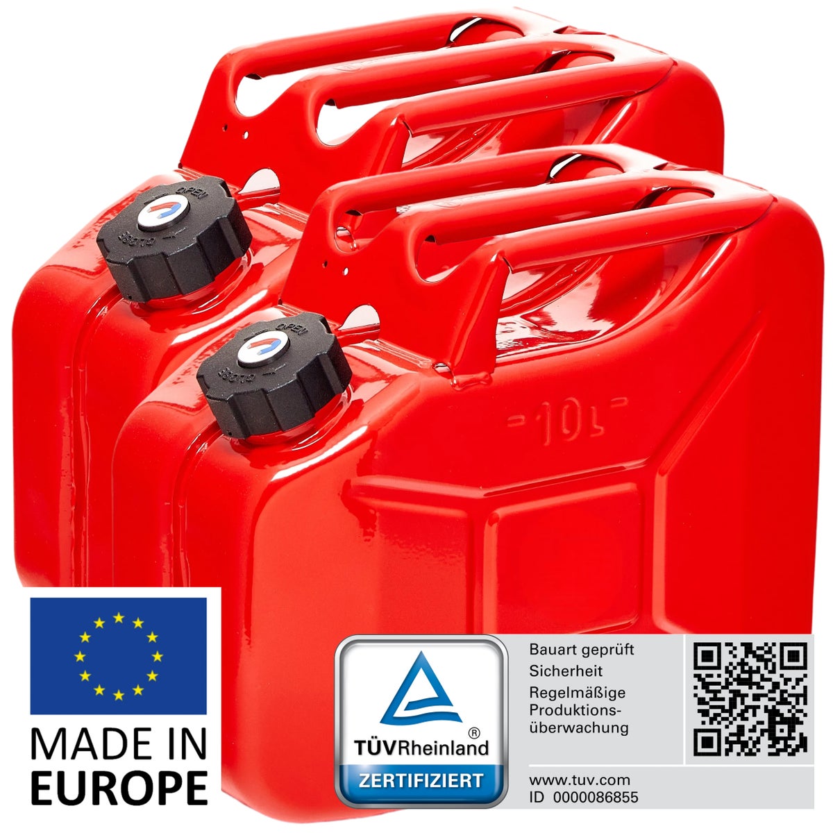 BW Metalen Brandstofbussen, Benzineblikken, 2 x 10 Liter met Schroefdop - Rood - RAL 3000 - TÜV-getest en UN-goedgekeurd - Gemaakt in Europa