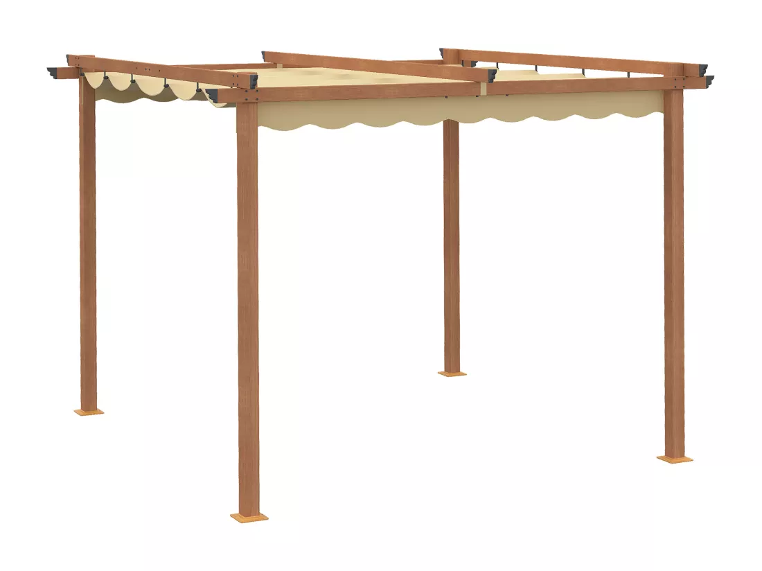 Pergola rétractable 3L x 3l x 2,25H m structure alu. aspect bois toile polyester haute densité beige