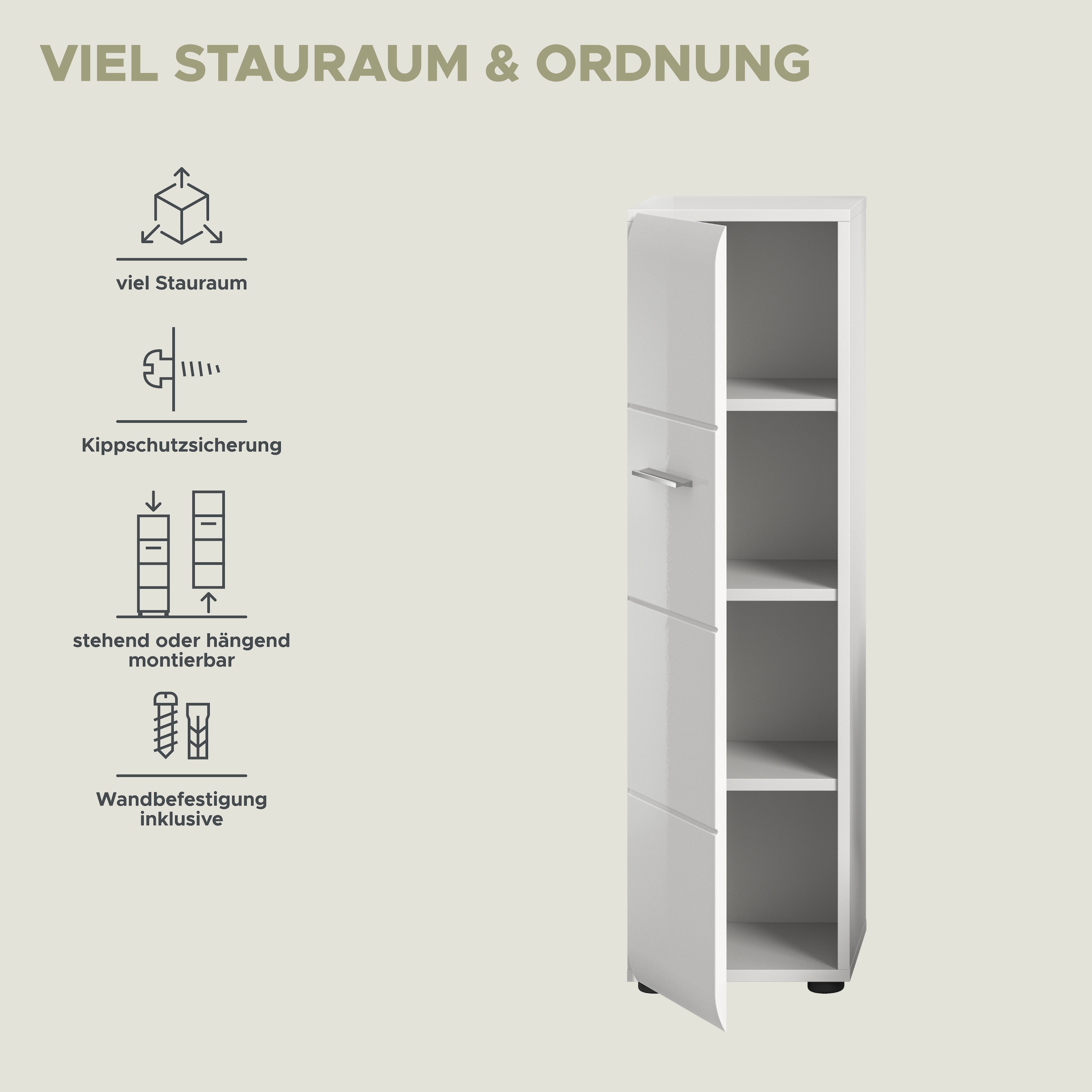 INOSIGN Stauraumschrank 1 Stk. tlg. Florenz, Stauraumschrank, Weiss Hochglanz, 30 cm breit, 4 Fächer